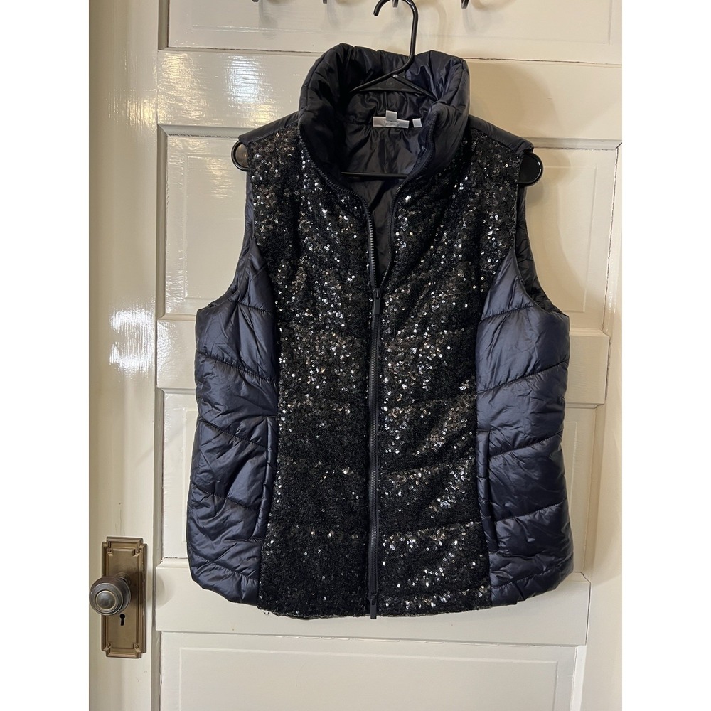 Chico's Zenergy Sequin Vest Sz 2 M 12 14 Black Puffy Puffer Classic Shiny